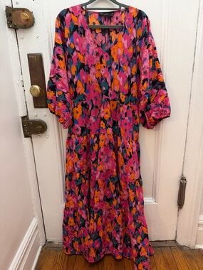 DECJUBA Pink and Orange Abstract Floral Maxi Dress